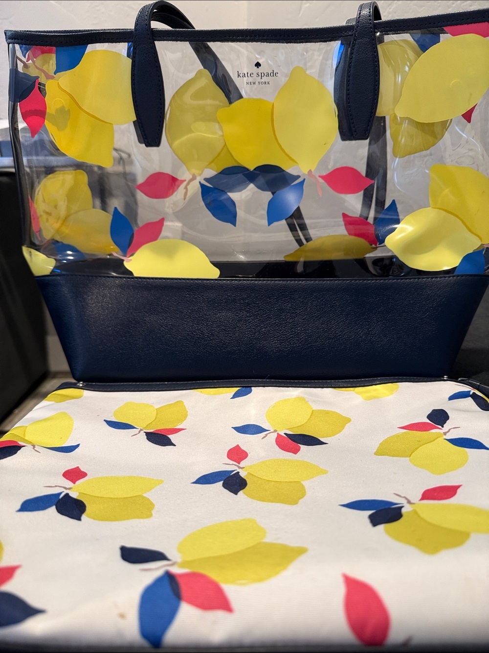 kate spade Clear Tote with Navy Base and Yellow Lemon Motif